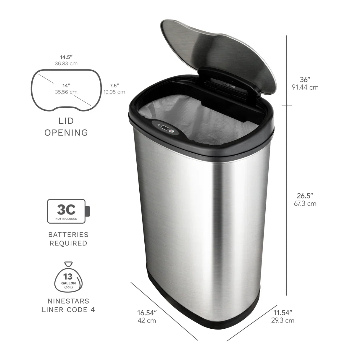 Nine Stars 13.2 Gallon Stainless Steel Motion Sensor Trash Can